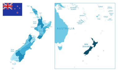 Yeni Zelanda - çok detaylı mavi harita. Vektör illüstrasyonu