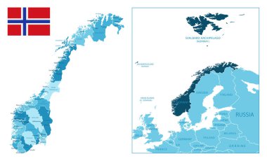 Norveç - çok detaylı mavi harita. Vektör illüstrasyonu