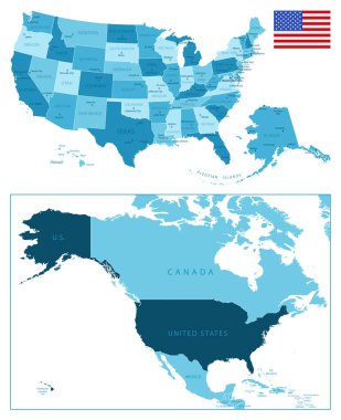 Amerika Birleşik Devletleri - çok detaylı mavi harita. Vektör illüstrasyonu