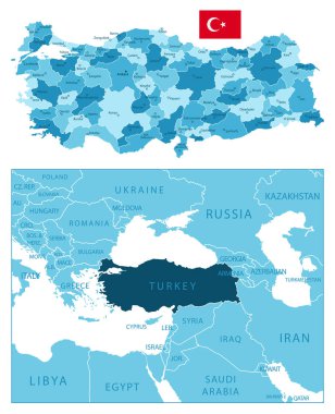 Türkiye - çok detaylı mavi harita. Vektör illüstrasyonu