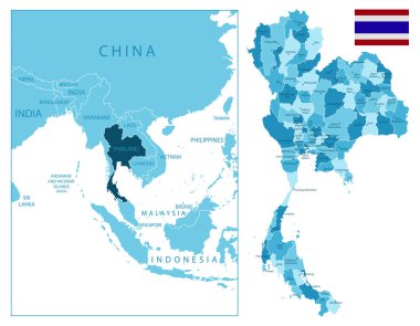 Tayland - çok detaylı mavi harita. Vektör illüstrasyonu