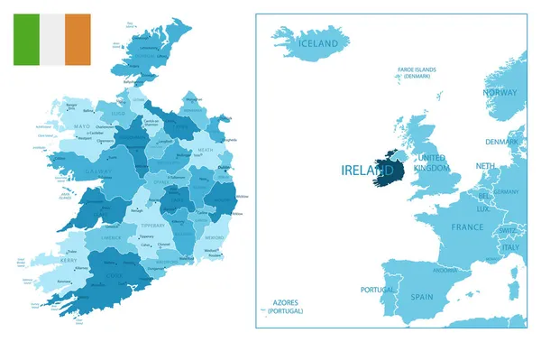 Irlanda Mapa Azul Muy Detallado Ilustración Vectorial — Vector de stock