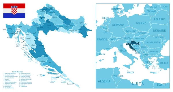 Croacia Mapa Azul Muy Detallado Ilustración Vectorial — Vector de stock