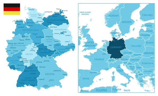 Alemania Mapa Azul Muy Detallado Ilustración Vectorial — Vector de stock