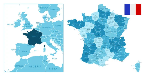Francia Mapa Azul Muy Detallado Ilustración Vectorial — Vector de stock