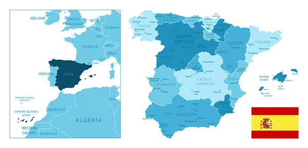 Испания Подробная Синяя Карта Векторная Иллюстрация — стоковый вектор