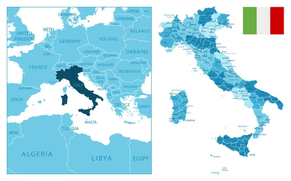 Olaszország Nagyon Részletes Kék Térkép Vektorillusztráció — Stock Vector