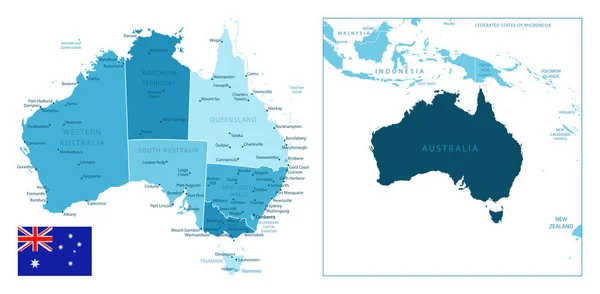 Austrálie Velmi Podrobná Modrá Mapa Vektorová Ilustrace — Stockový vektor