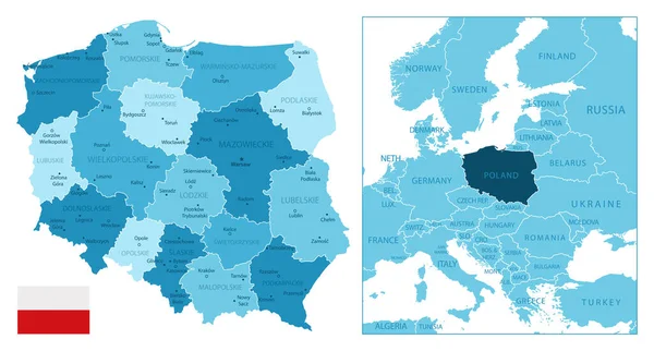 Polonia Mapa Azul Muy Detallado Ilustración Vectorial — Vector de stock