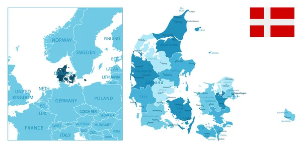 Dinamarca Mapa Azul Muy Detallado Ilustración Vectorial — Vector de stock