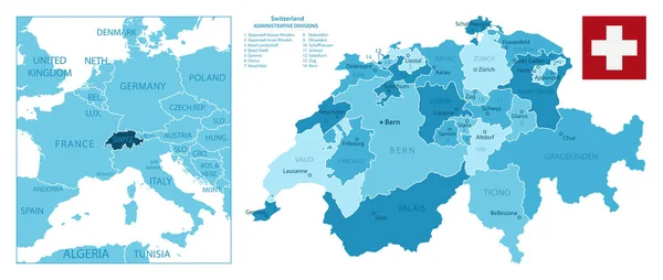Suiza Mapa Azul Muy Detallado Ilustración Vectorial — Vector de stock