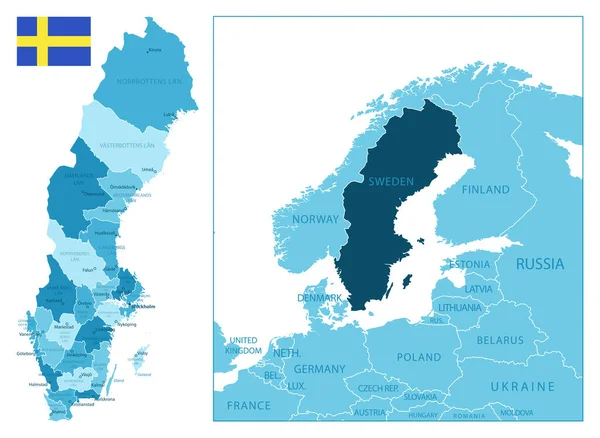 Suecia Mapa Azul Muy Detallado Ilustración Vectorial — Vector de stock