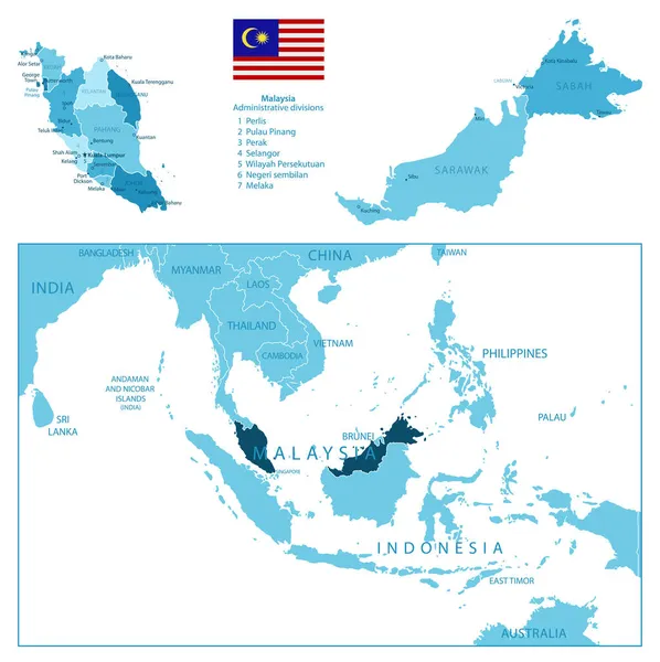 Malasia Mapa Azul Altamente Detallado Ilustración Vectorial — Archivo Imágenes Vectoriales