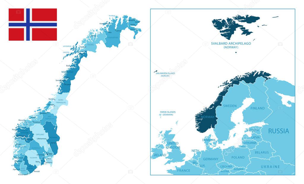 Norway - highly detailed blue map. Vector illustration
