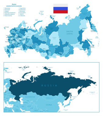 Rusya Federasyonu - çok detaylı mavi harita. Vektör illüstrasyonu