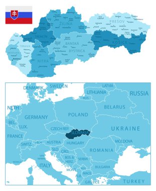 Slovakya - çok detaylı mavi harita. Vektör illüstrasyonu
