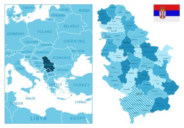 Sırbistan - son derece ayrıntılı mavi harita. Vektör illüstrasyonu