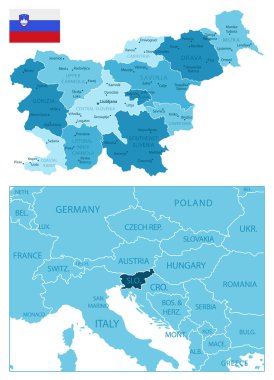 Slovenya - çok detaylı mavi harita. Vektör illüstrasyonu