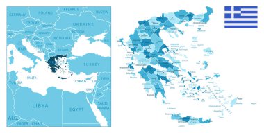 Yunanistan - çok detaylı mavi harita. Vektör illüstrasyonu