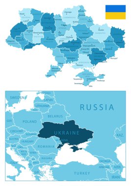 Ukrayna - çok detaylı mavi harita. Vektör illüstrasyonu