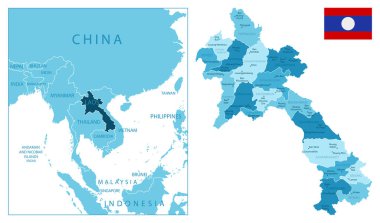 Laos - çok detaylı mavi harita. Vektör illüstrasyonu