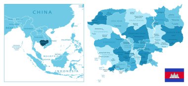Kamboçya - çok detaylı mavi harita. Vektör illüstrasyonu