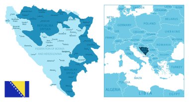 Bosna-Hersek - çok detaylı bir mavi harita. Vektör illüstrasyonu