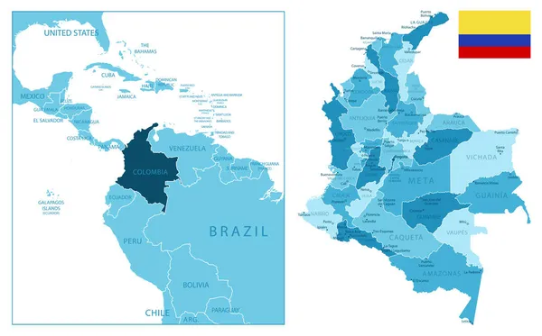 Colombia Mapa Azul Altamente Detallado Ilustración Vectorial — Vector de stock