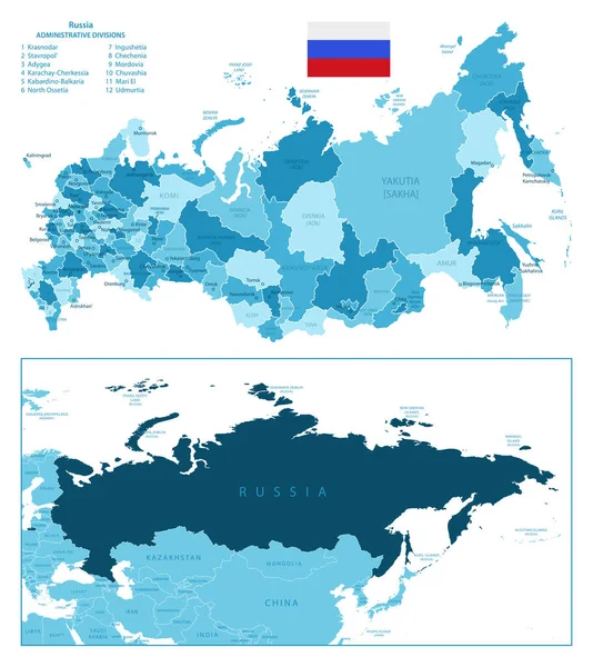 Russische Federatie Zeer Gedetailleerde Blauwe Kaart Vectorillustratie — Stockvector