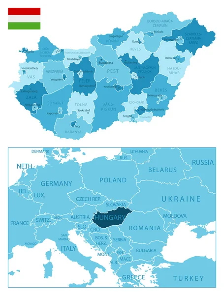 Hungría Mapa Azul Muy Detallado Ilustración Vectorial — Vector de stock