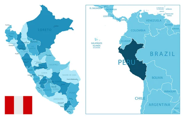 ペルー 非常に詳細な青地図 ベクターイラスト — ストックベクタ