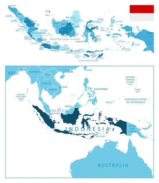 Indonesia Peta Biru Yang Sangat Rinci Ilustrasi Vektor - Stok Vektor