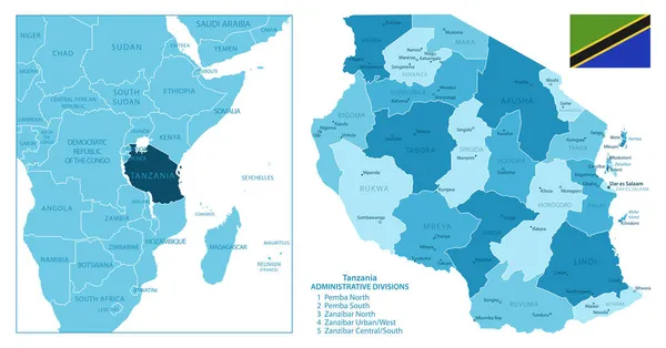 Tanzania Mapa Azul Altamente Detallado Ilustración Vectorial — Vector de stock