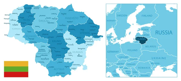 Lituania Mapa Azul Muy Detallado Ilustración Vectorial — Vector de stock