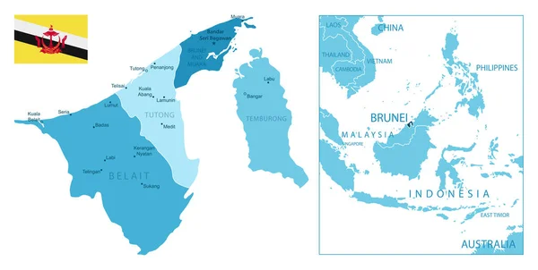Brunei Mycket Detaljerad Blå Karta Vektorillustration — Stock vektor