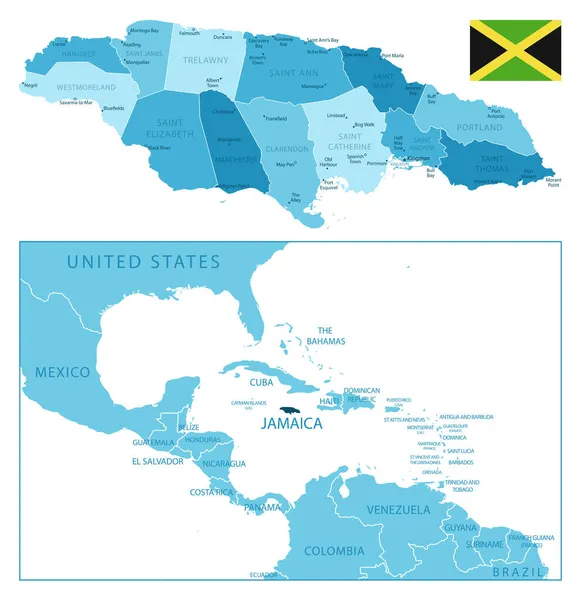 Jamaika Sehr Detaillierte Blaue Landkarte Vektorillustration — Stockvektor