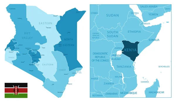 Kenya Mappa Blu Molto Dettagliata Illustrazione Vettoriale — Vettoriale Stock