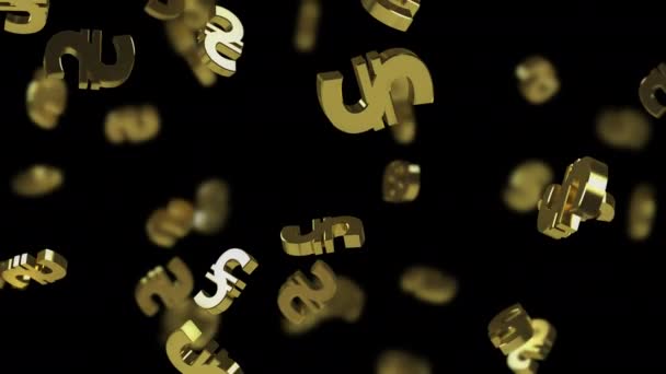 Falling Gold Hryvnia Signs Transparent Background Depth Field Looped Animation — Stock Video