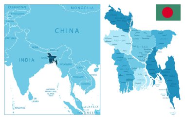 Bangladeş - çok detaylı mavi harita. Vektör illüstrasyonu