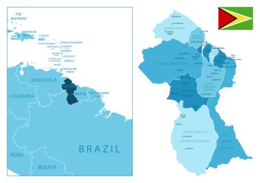 Guyana - çok detaylı mavi harita. Vektör illüstrasyonu