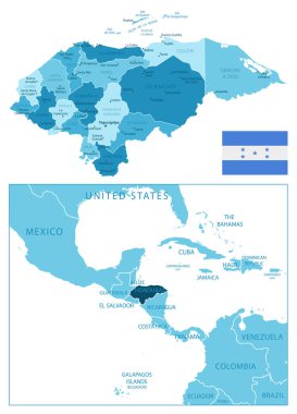 Honduras - çok detaylı mavi harita. Vektör illüstrasyonu