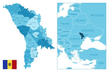 Moldova - çok detaylı mavi harita. Vektör illüstrasyonu