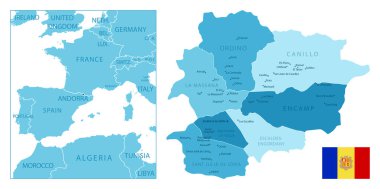 Andorra - çok detaylı mavi harita. Vektör illüstrasyonu