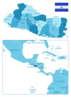 El Salvador - çok detaylı mavi harita. Vektör illüstrasyonu