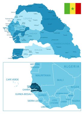 Senegal - çok detaylı mavi harita. Vektör illüstrasyonu