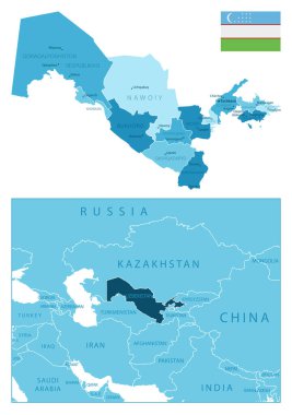 Özbekistan - çok detaylı mavi harita. Vektör illüstrasyonu