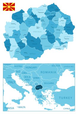 Makedonya - son derece ayrıntılı mavi harita. Vektör illüstrasyonu
