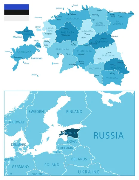 Эстония Подробная Синяя Карта Векторная Иллюстрация — стоковый вектор
