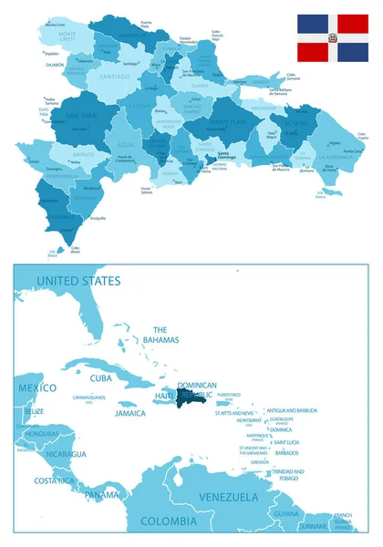 République Dominicaine Carte Bleue Très Détaillée Illustration Vectorielle — Image vectorielle