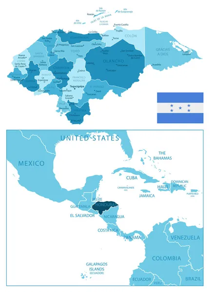 Honduras Mapa Azul Altamente Detallado Ilustración Vectorial — Vector de stock